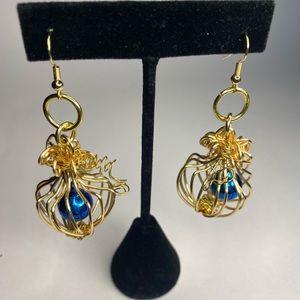Festive Handmade Gold Caged Blue Bell Dangle Earrings